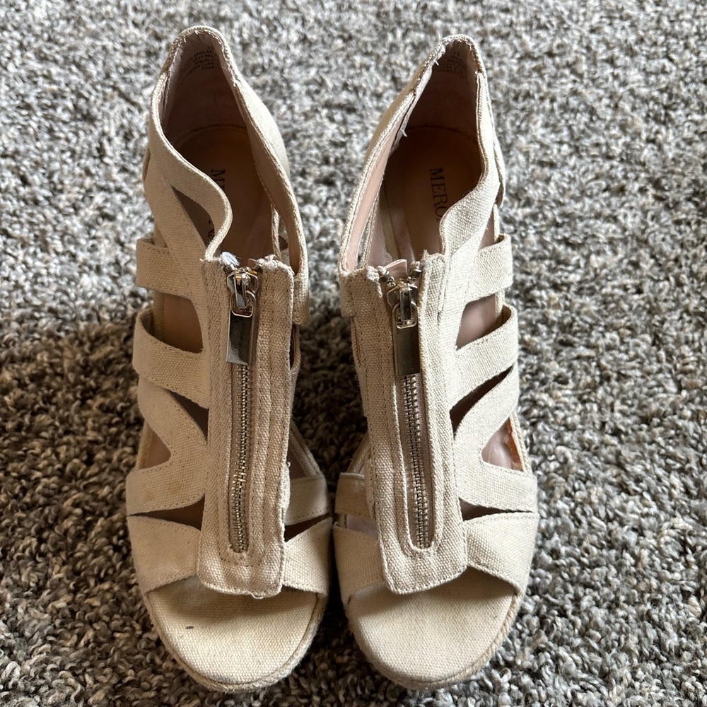 Beige Strappy Wedge Sandals with Zipper Size 7.5 - Picture 3 of 4